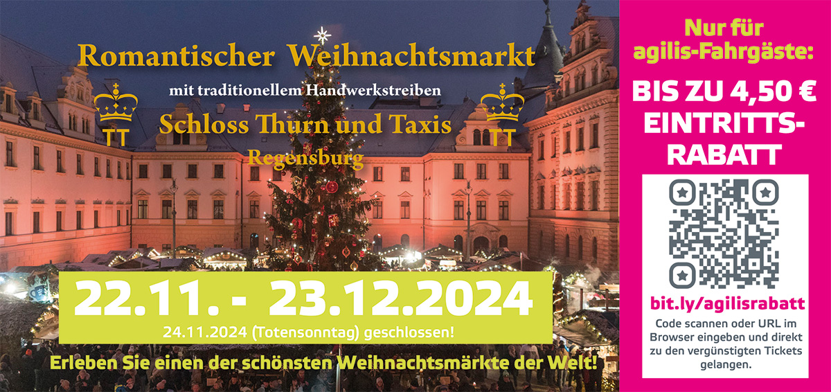 Read more about the article Weihnachtsmarkt auf Schloss Thurn & Taxis: entspannt anreisen und sparen mit agilis